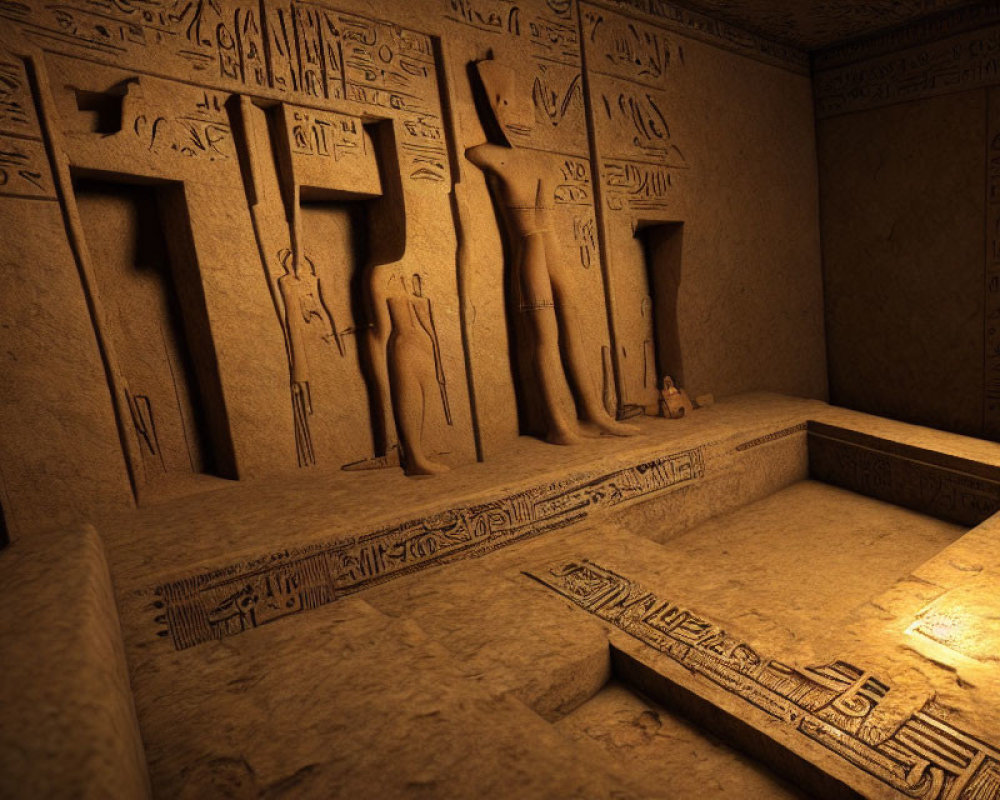 Ancient Egyptian tomb interior with hieroglyphics and bas-reliefs on sandstone walls