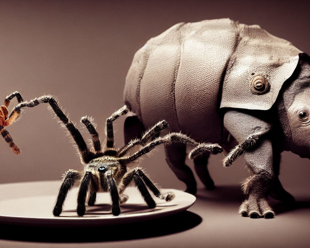 Realistic tarantula model and rhino figurine displayed on a museum plate