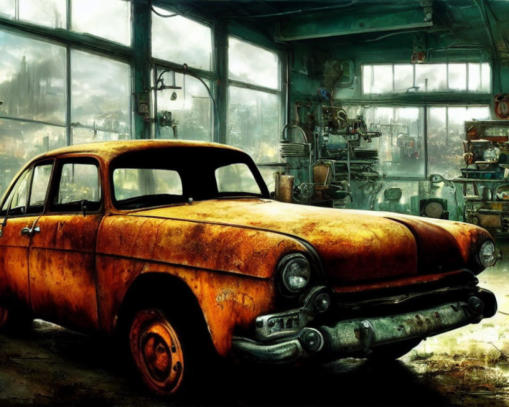 Abandoned rusty car in cluttered workshop depicts decay and neglect