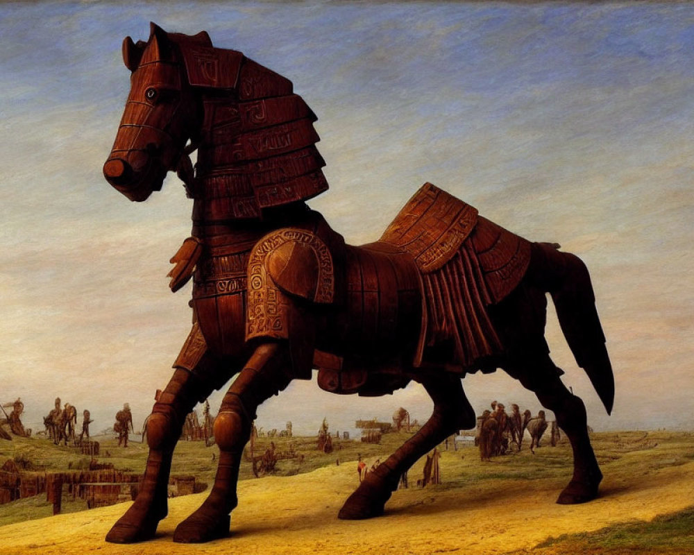 Legendary Trojan Horse with Soldiers on Historical Battlefield at Dusk