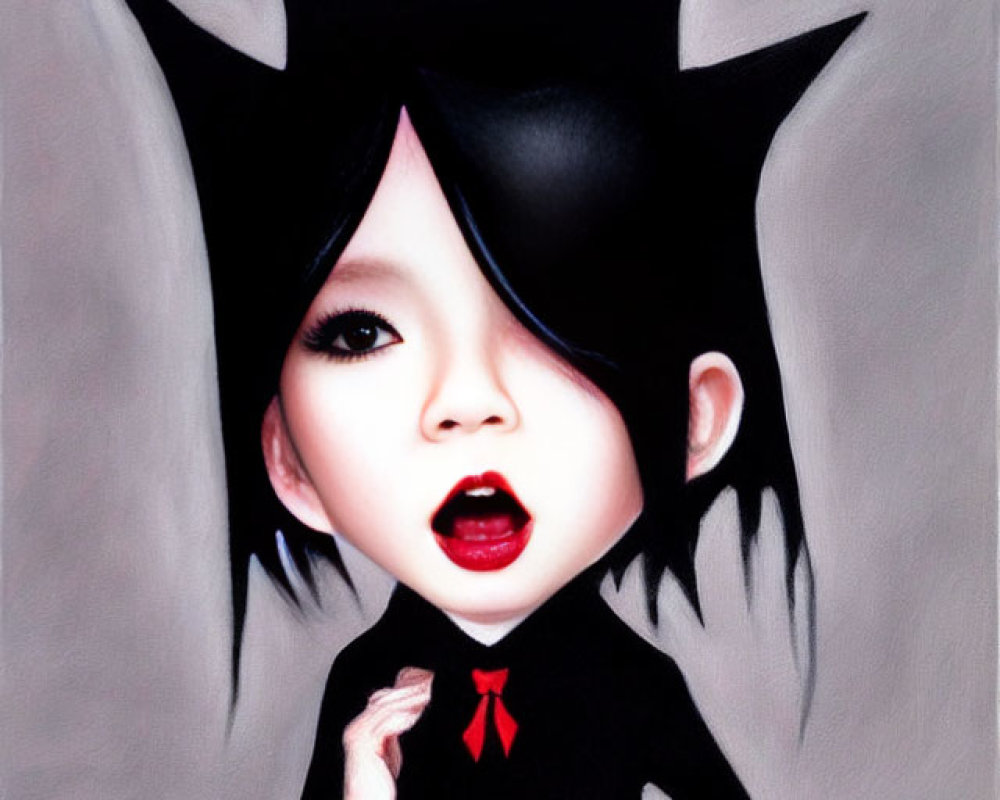 Stylized character with large eyes and spiky hair in black outfit with red bow next to