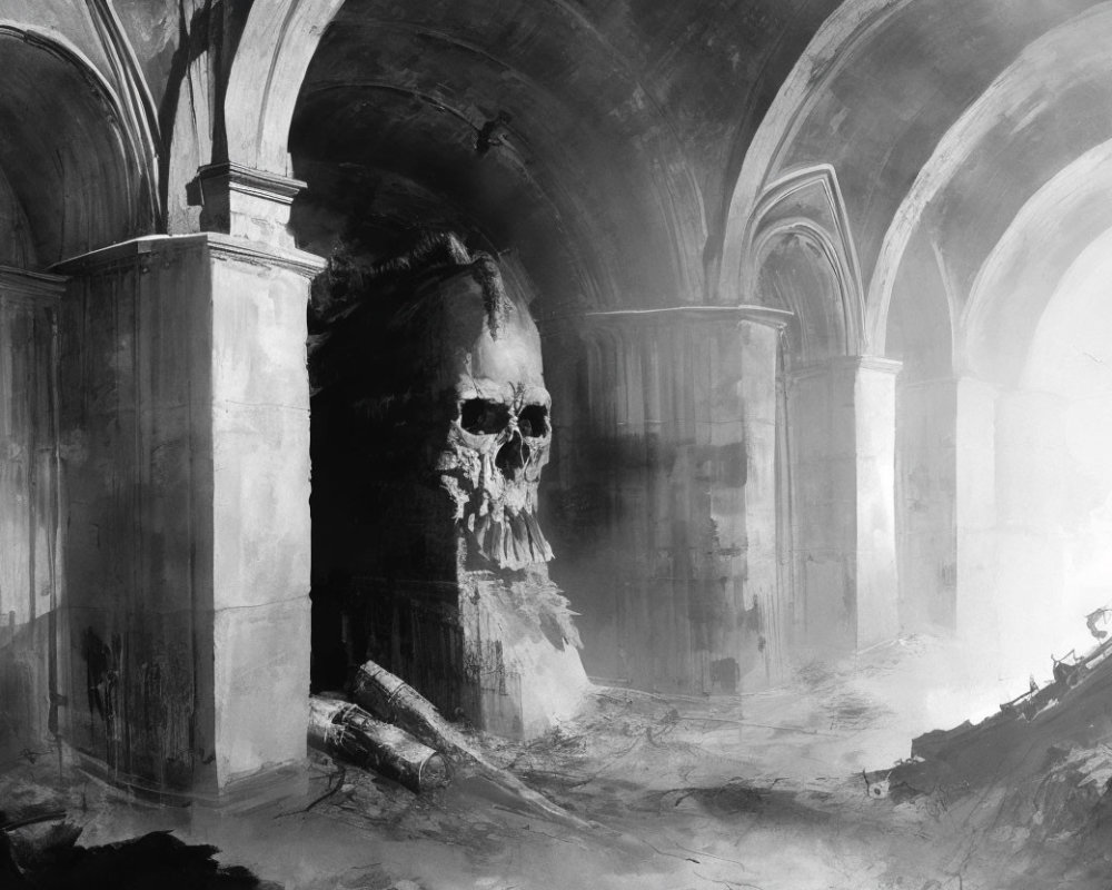 Monochromatic artwork: Colossal human skull in ancient cathedral