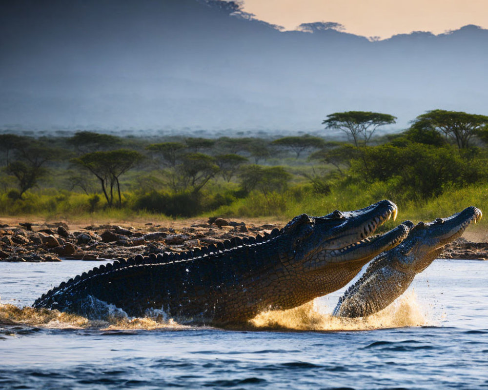Pair of Crocodiles Leaping from Water in Savanna Landscape