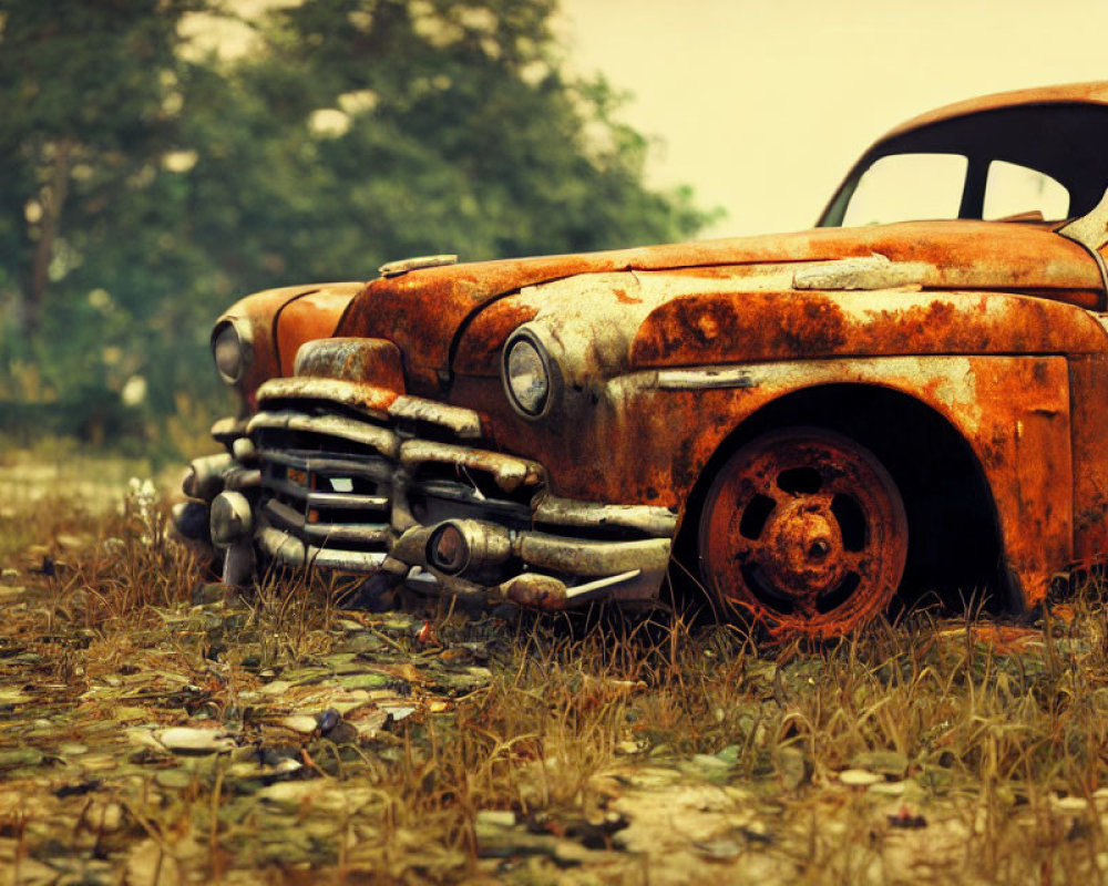 Rusted, Abandoned Car in Grassy Field