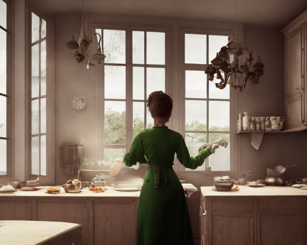 Woman in Green Dress Cooking in Vintage Kitchen with Sunlit Rustic Interior