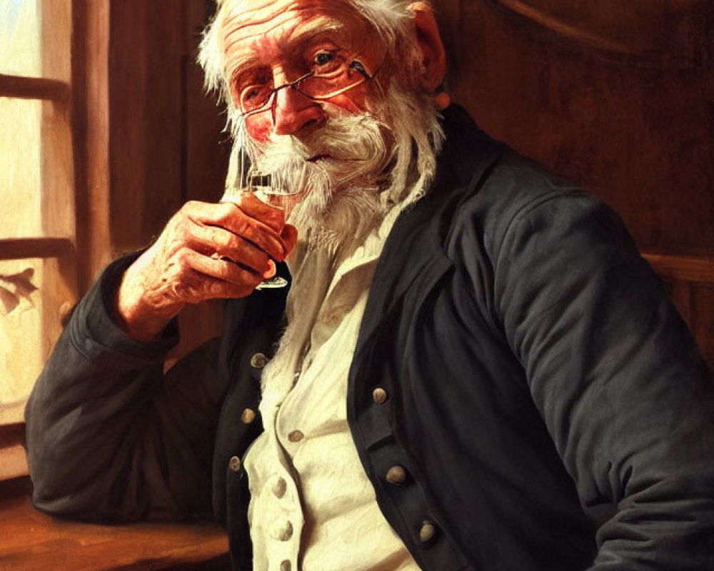 Elderly man with white beard sipping from cup on wooden background