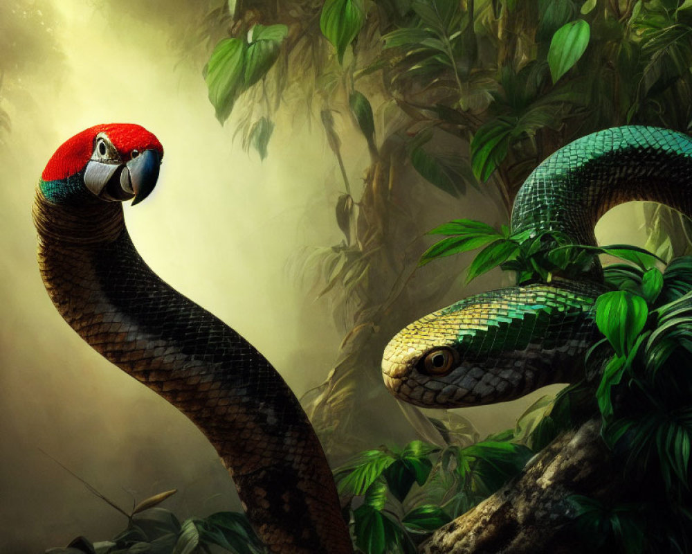 Stylized snakes in dense jungle: one with red-feathered head, one traditional.