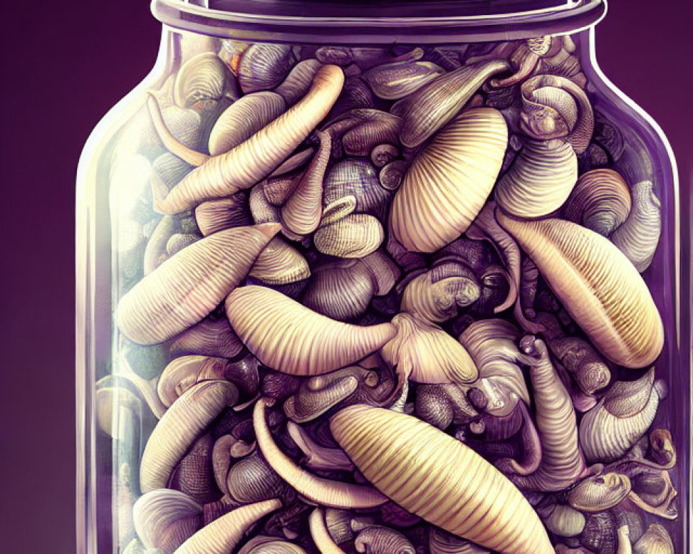 Colorful Seashells in Sealed Glass Jar on Purple Background