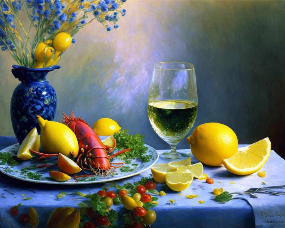 Classic Still Life Painting with Lobster, Lemons, Tomatoes, Wine, and Flowers