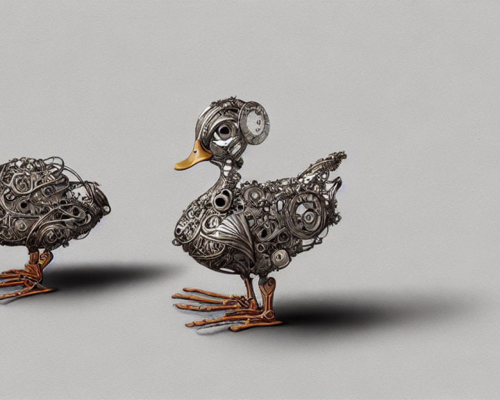 Steampunk-style ducks crafted from gears and mechanical parts on plain background