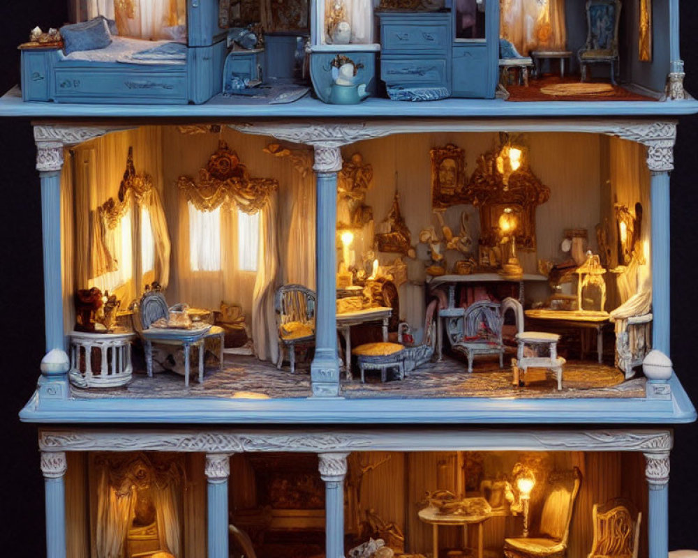 Detailed Vintage Furniture in Three-Story Dollhouse