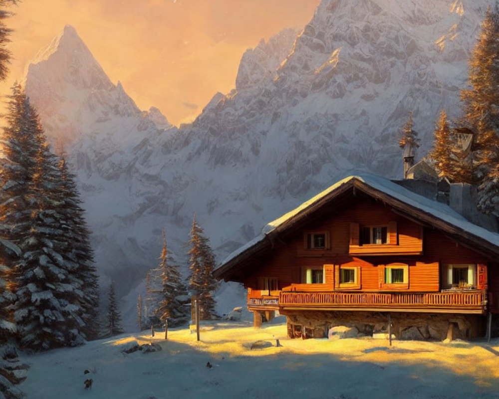 Snow-covered trees surround wooden cabin under sunlight with mountain view