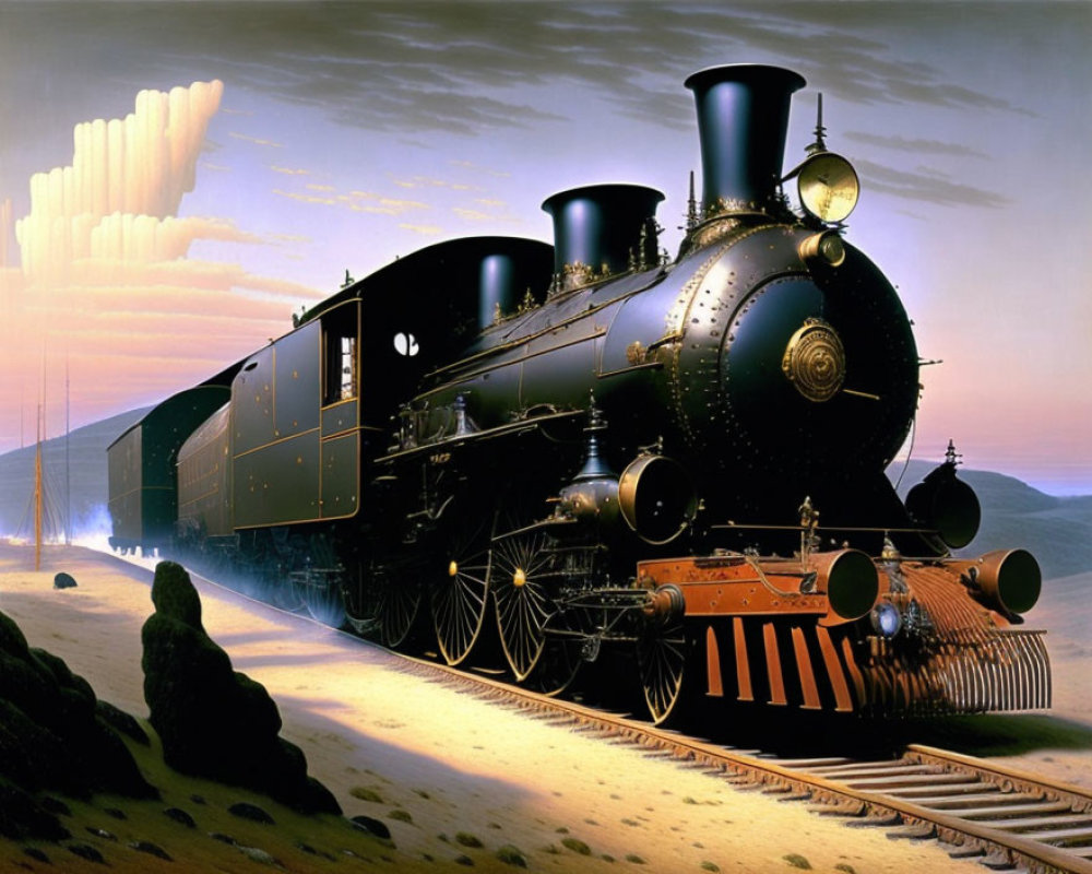 Vintage Steam Locomotive on Desert Tracks with Dramatic Lighting