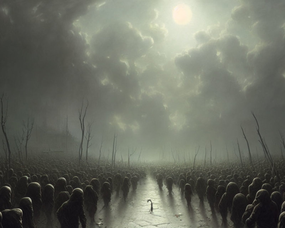 Solitary figure walking in desolate landscape with barren trees