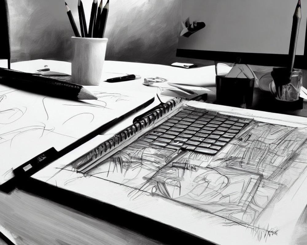 Monochrome artist's desk with sketchbook, drawing tools, digital tablet, and monitor