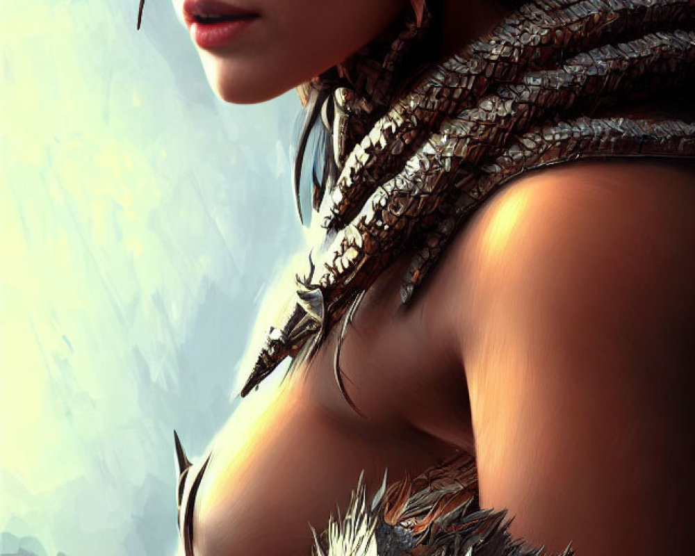 Digital artwork of contemplative warrior woman in tribal attire