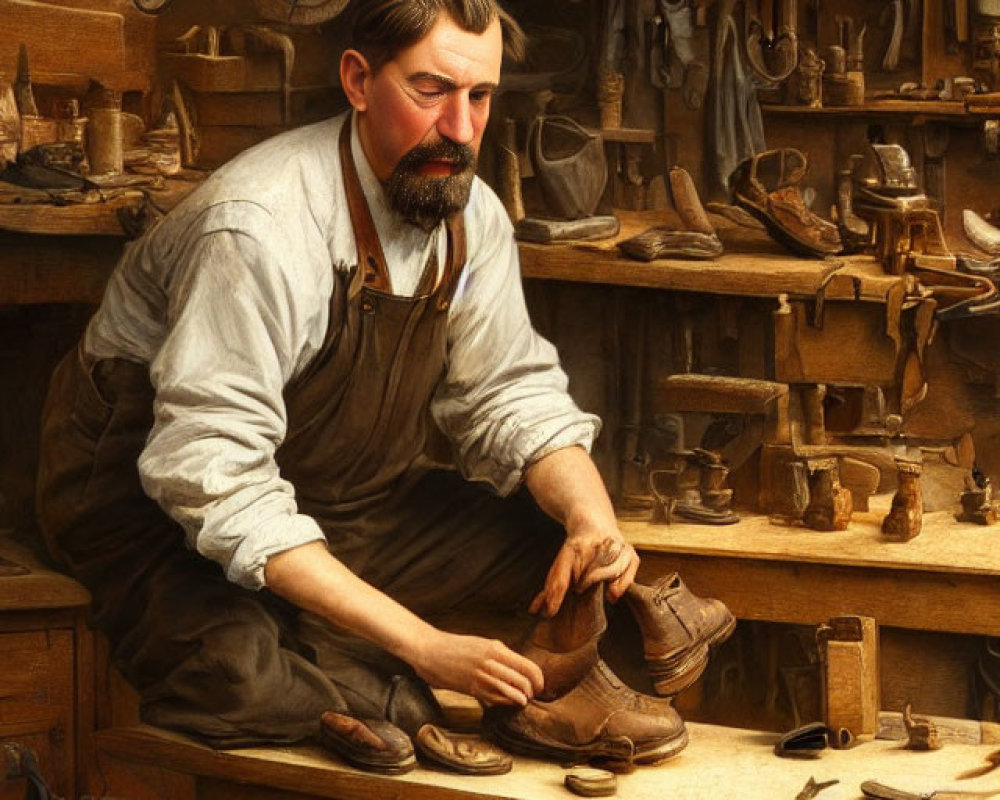 Craftsman with mustache mends shoes in cluttered workshop full of tools and leather goods