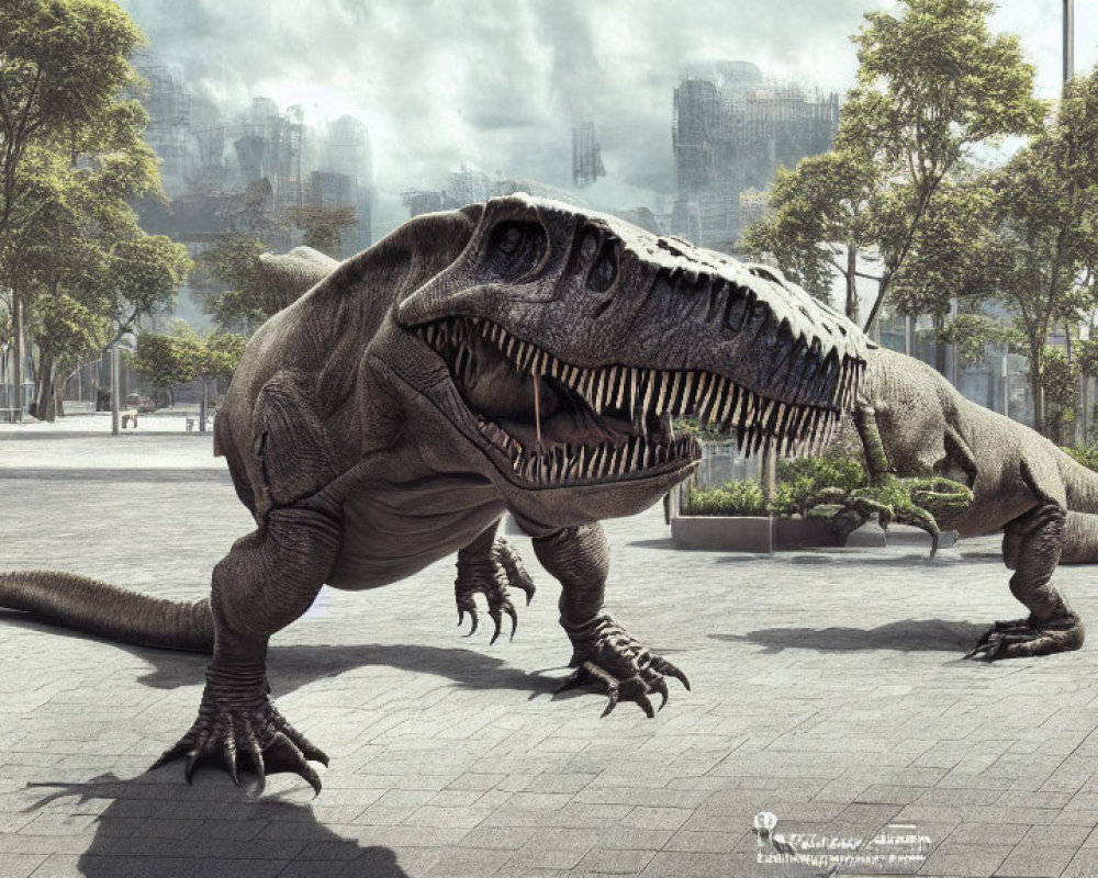 Menacing Tyrannosaurus rex in modern city plaza