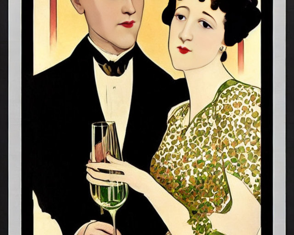 Classic Vintage Illustration: Elegant Couple in Tuxedo and Floral Dress with Champagne Glass