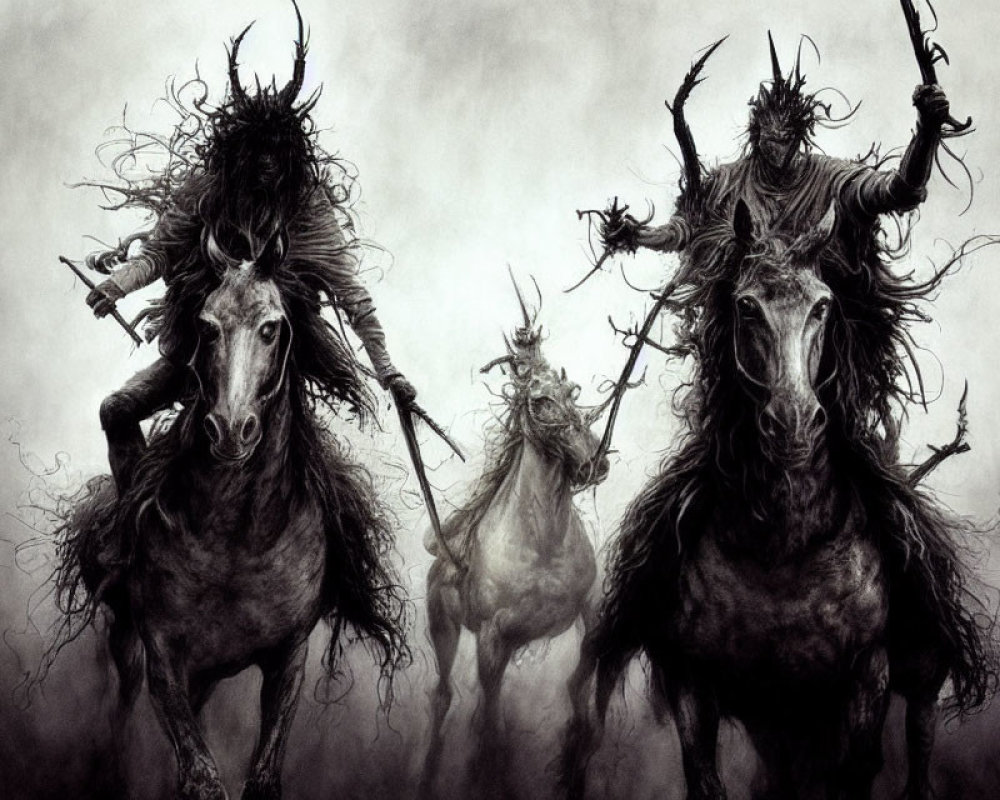 Three ghostly horsemen in armor with weapons emerge from misty backdrop