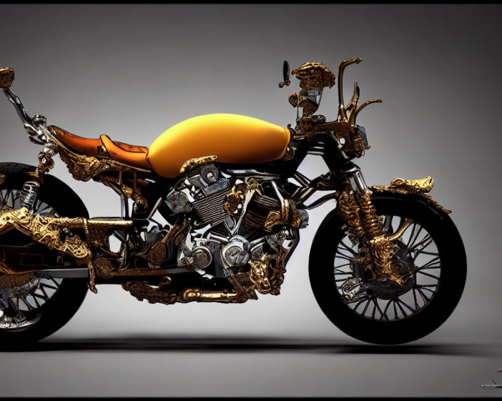 Custom Motorcycle with Ornate Golden Detailing and Burnt Orange Seat on Grey Background