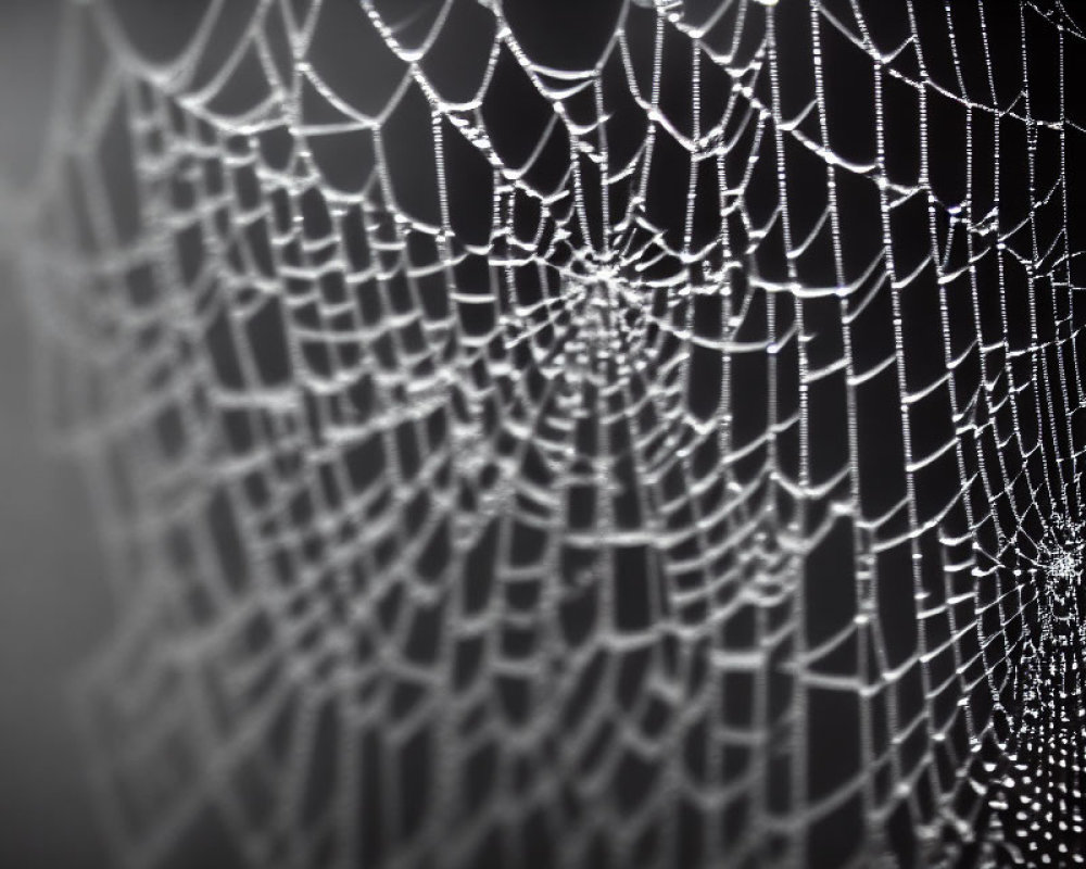 Detailed Close-up of Dew-Covered Spiderweb on Gray Background