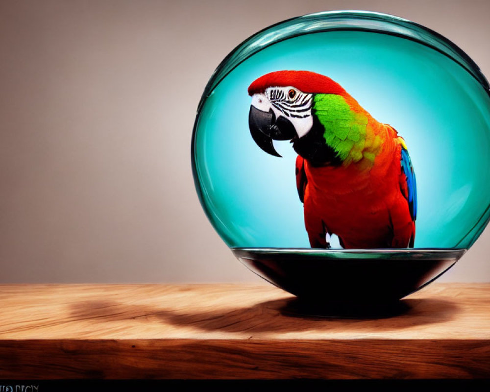 Vibrant parrot in glass bubble on wooden surface