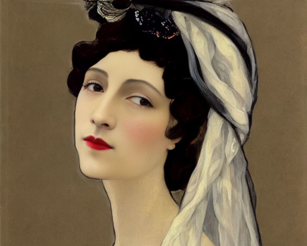 Portrait of Woman with White Headdress and Red Lips on Beige Background