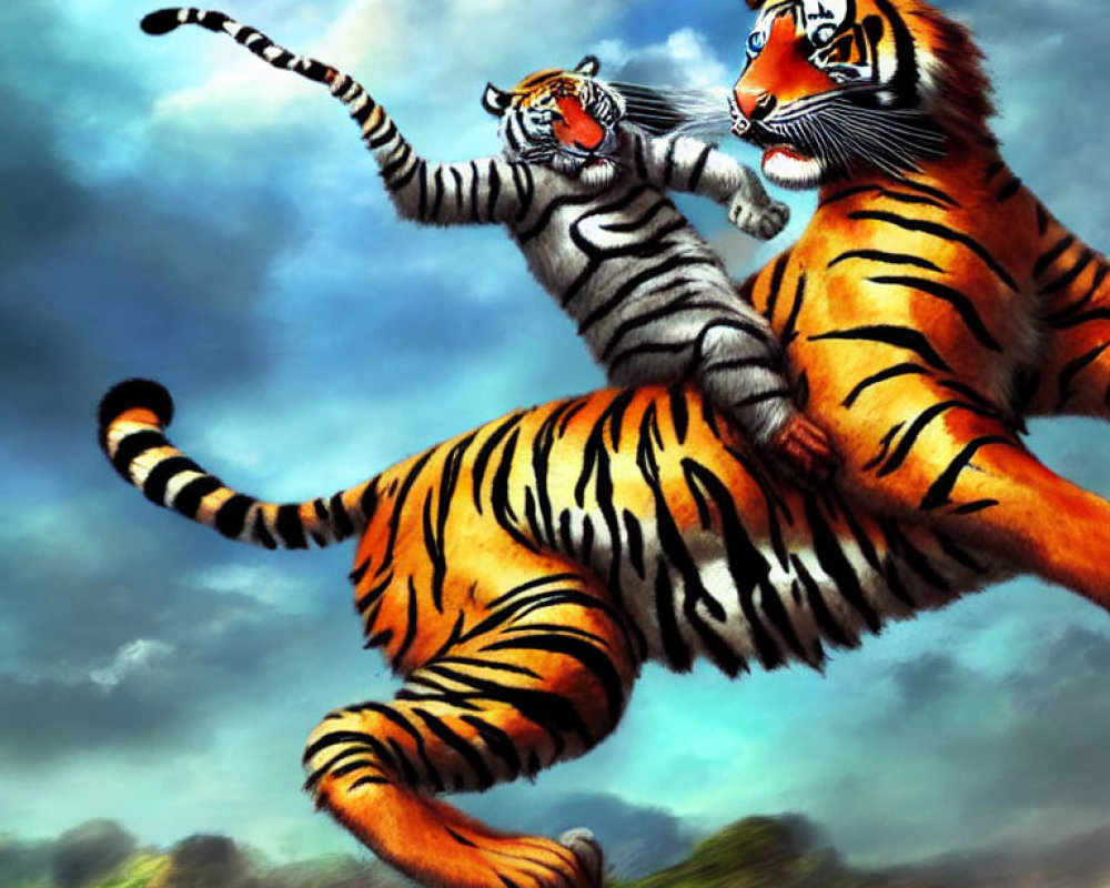 Animated tigers engage in mid-air combat against dramatic sky.