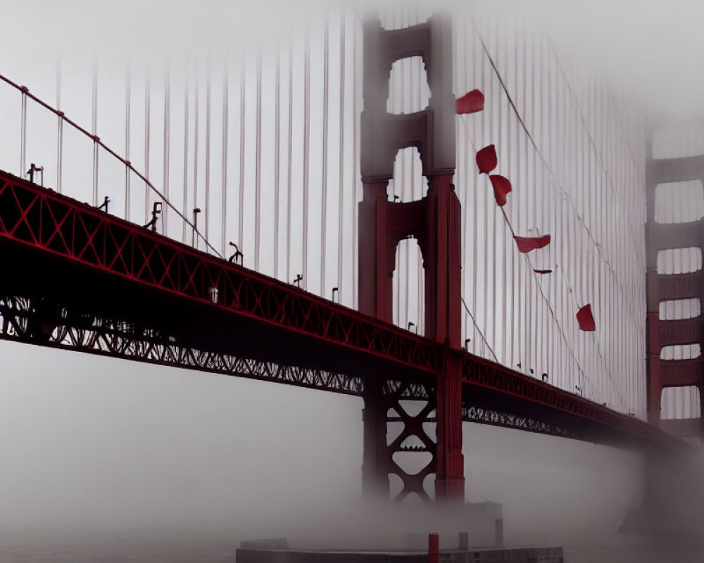 Red Bridge and Umbrella Fragments in Foggy Scene