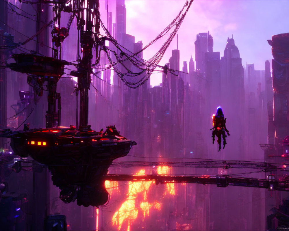 Futuristic cityscape at dusk with neon lights and flying vehicles