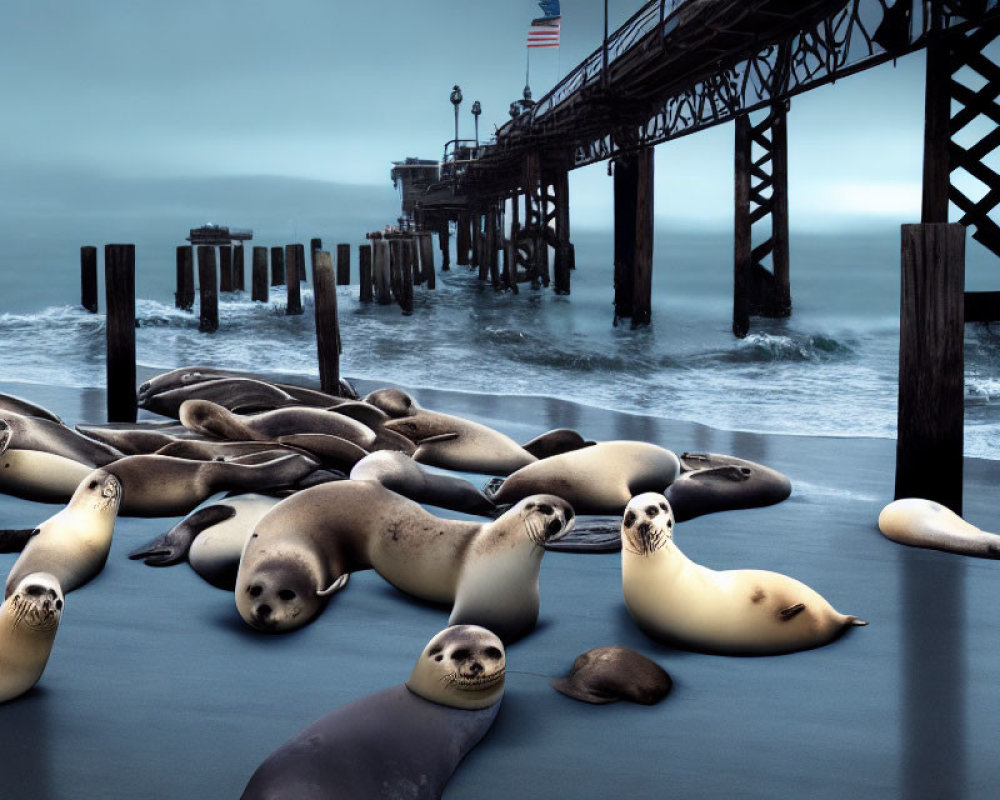 Seals lounging on wet shoreline under moody sky