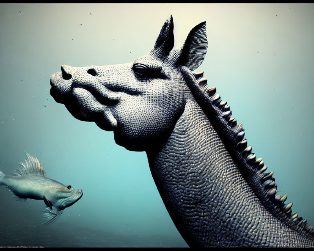 Stylized rhinoceros and fish with scale-like textures on dark background