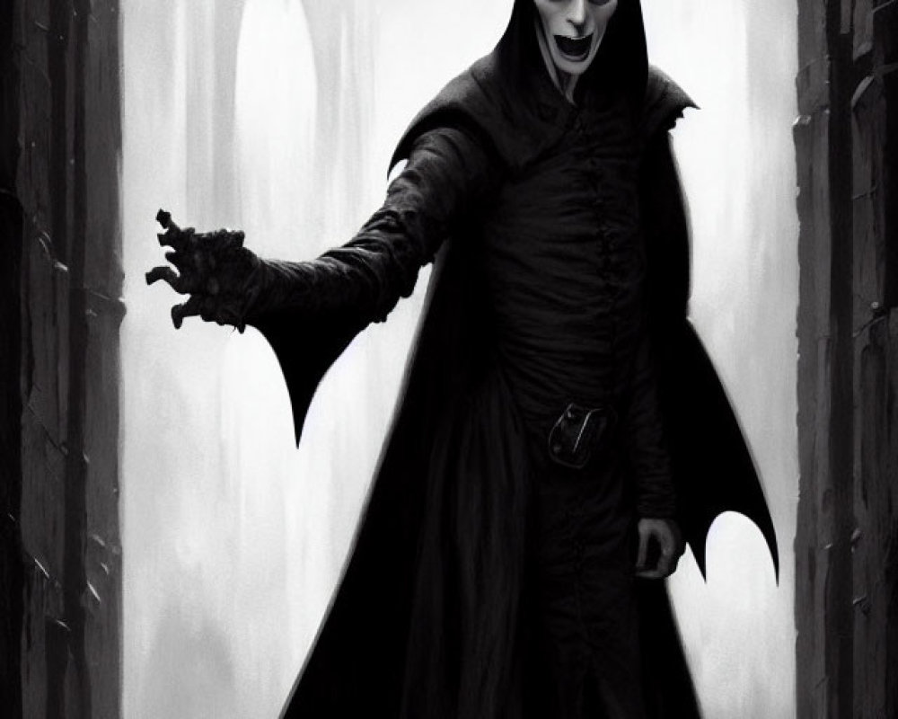 Sinister pale figure in dark cloak with pointed ears and sharp teeth.