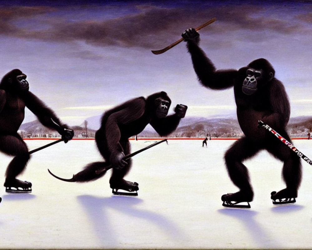 Gorillas playing ice hockey on frozen surface with spectators