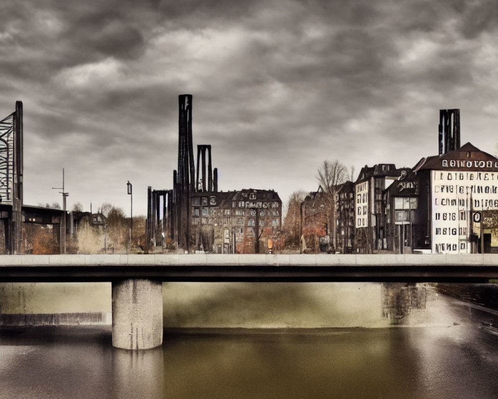 Cityscape with Bridge and Industrial Buildings Under Overcast Sky