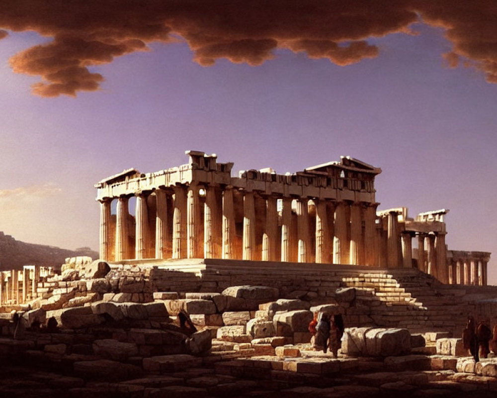 Ancient Parthenon Painting with Dramatic Sky and Classical Figures