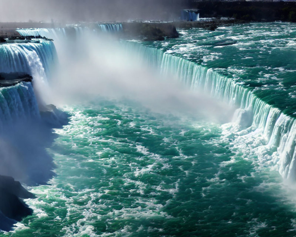 Aerial View of Niagara Falls with Mist and Sunlight