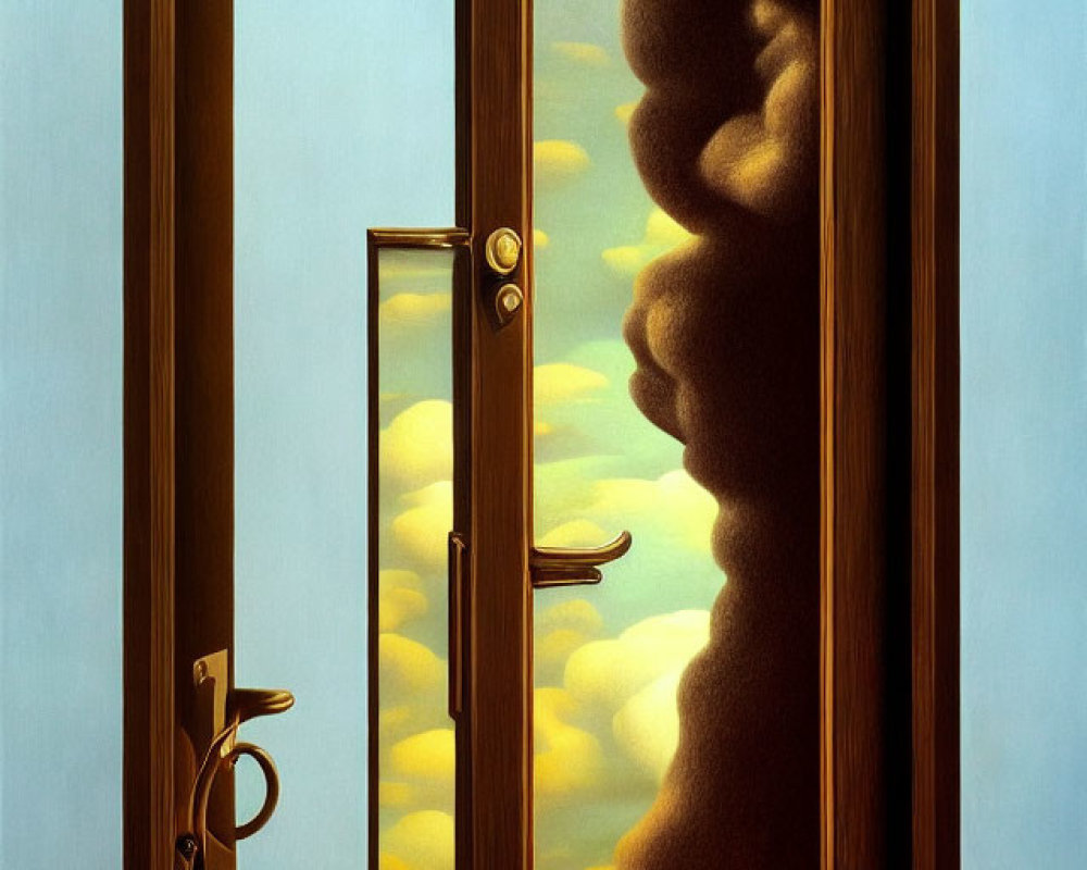 Surreal painting: Open door to sky with face profile and moon