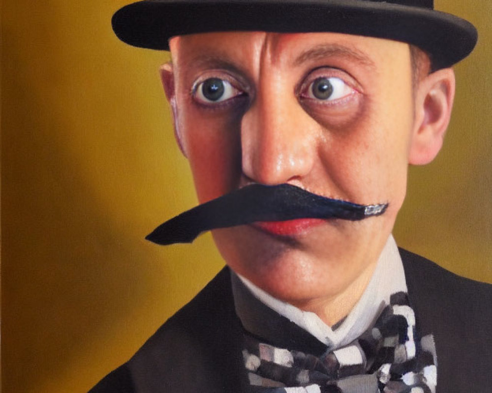 Surreal portrait with top hat, bow tie, and feather mustache