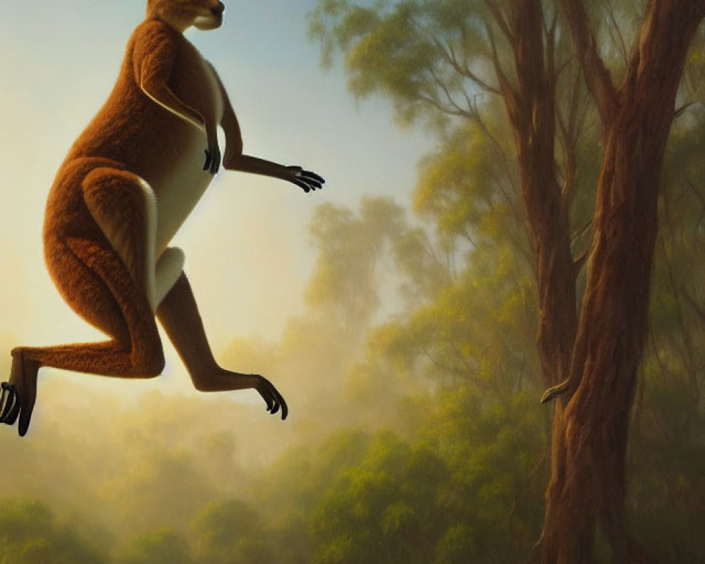 Floating kangaroo mid-jump over trampoline, with smaller kangaroo in serene landscape