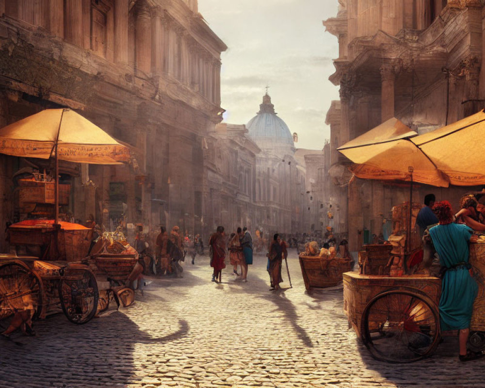 Ancient Roman street scene with bustling market stalls and classic architecture