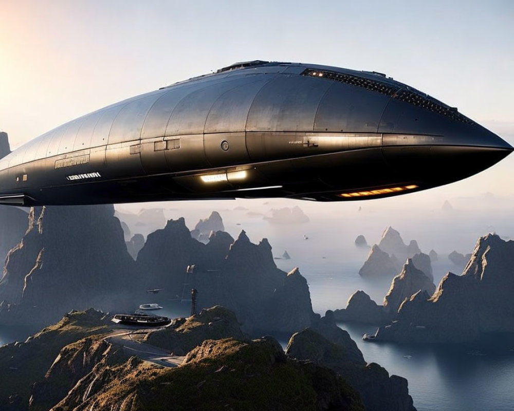 Futuristic spaceship over rocky coastal landscape at sunset