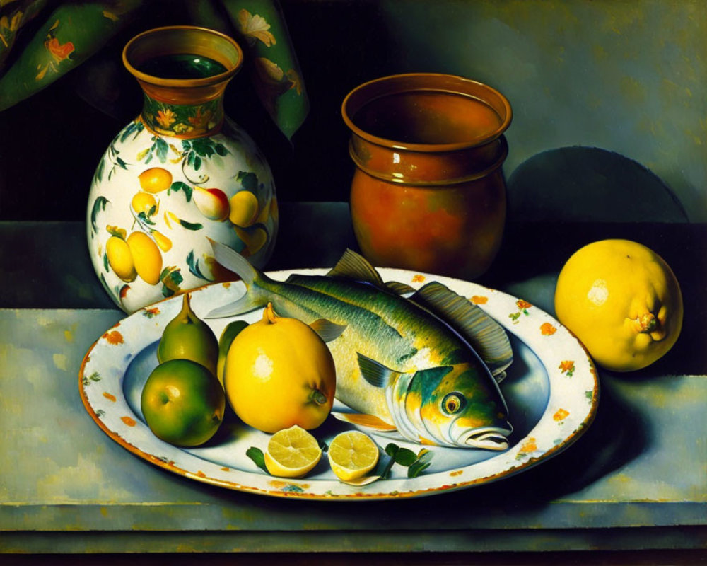 Still life painting with fish, citrus fruits, vase, and pot on dark background