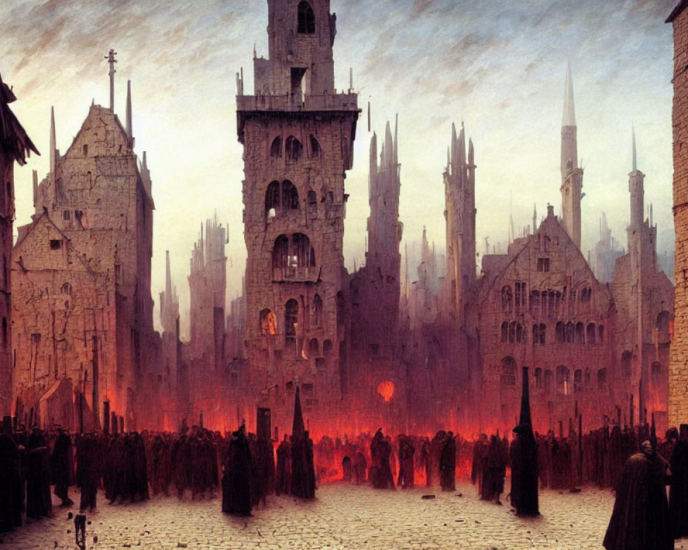 Medieval fantasy city at dusk with gothic structures and robed figures