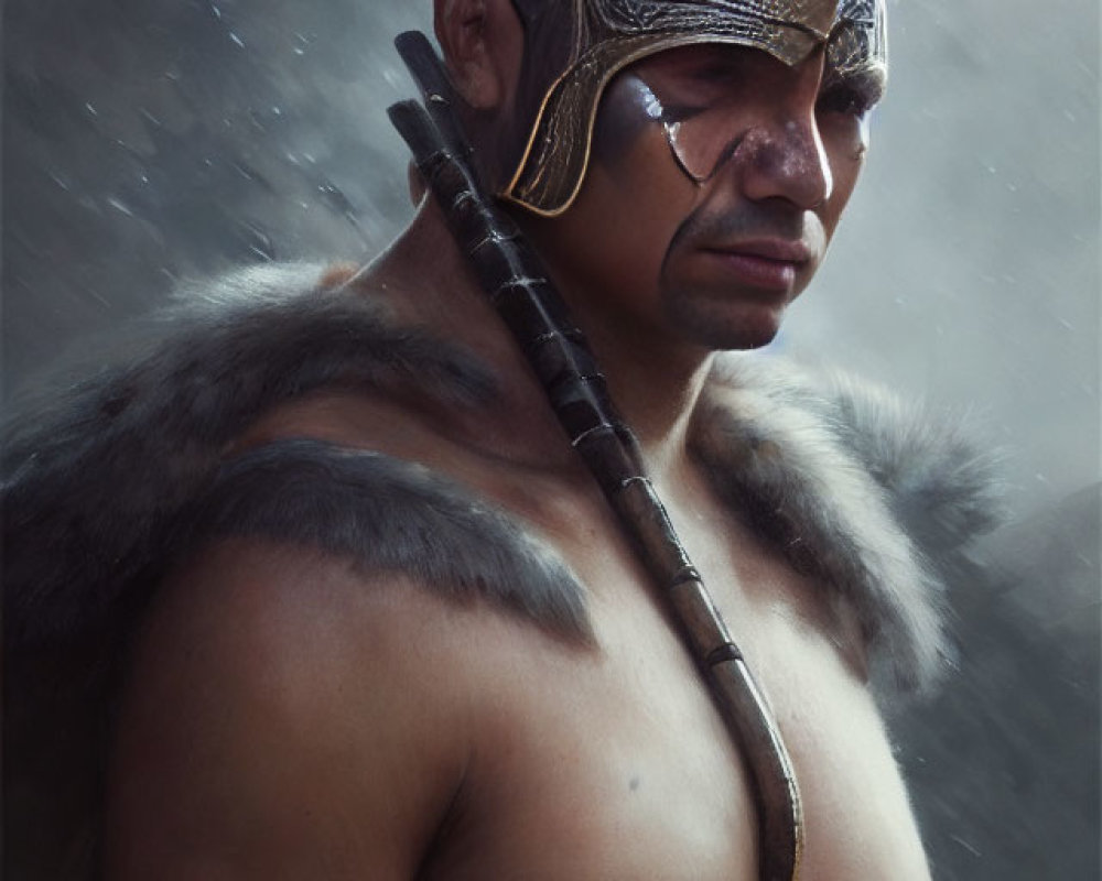 Tribal warrior with face paint and spear in snowfall