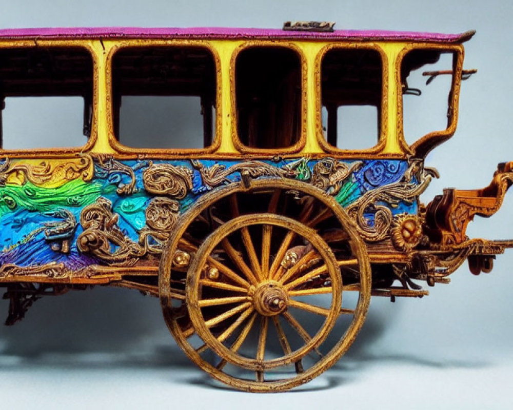 Colorful Ornate Miniature Carriage with Gold Accents and Detailed Wheels