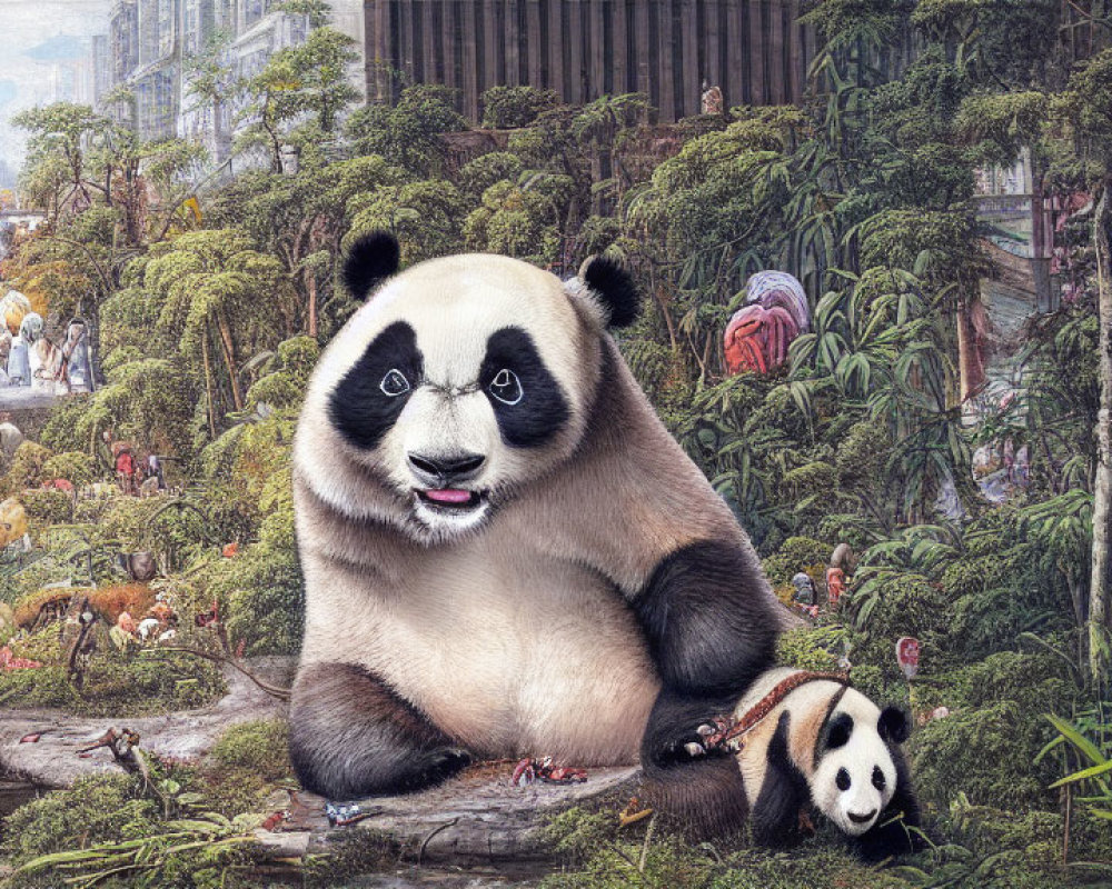 Giant and small pandas in lush forest with diverse creatures and people