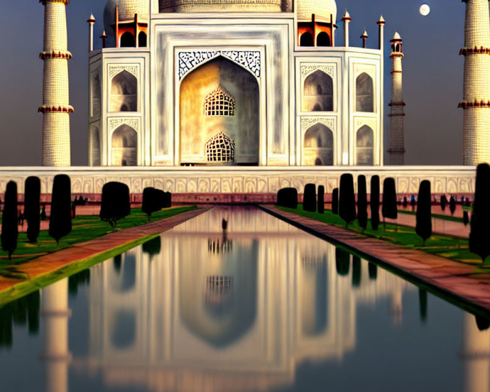 Iconic Taj Mahal at sunset with minarets and intricate architecture reflected in water