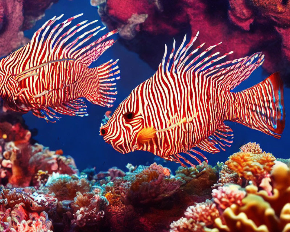 Vibrantly Striped Red Lionfish Among Colorful Coral Reefs